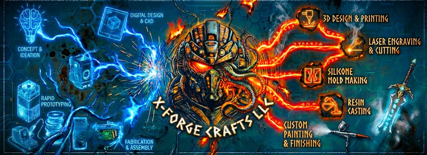 X-Forge Crafts capabilities: concept and ideation, digital design and CAD, 3D design and printing, laser engraving and cutting, silicone mold making, resin casting, custom painting and finishing